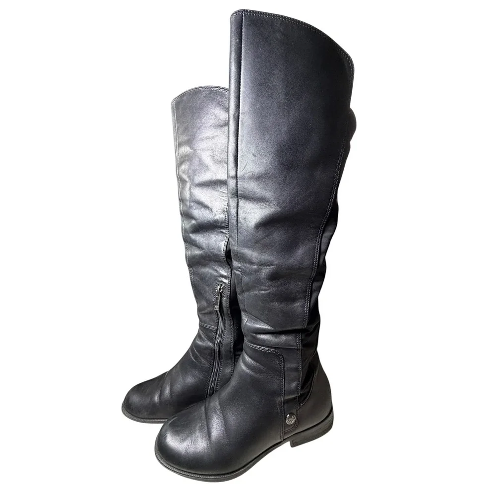 Anne Klein Black Leather Over The Knee Boots Mixed Media Flat Riding Boot 6.5